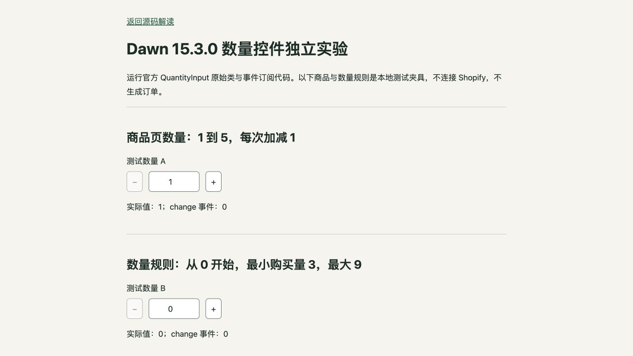 Dawn 数量控件独立实验,展示普通数量与最小购买量两组测试夹具